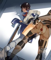 Rule 34 | 1boy, 1girl, ahegao, anal, anus, ass, brown hair, clothes pull, cum, cum in pussy, demi-fiend, gauntlets, hand on ass, hetero, highres, isabeau (megami tensei), kerchief, nail polish, nyahpa20, pants, pants pull, pussy, red nails, saliva, sex, sex from behind, sheath, shin megami tensei, shin megami tensei iii: nocturne, shin megami tensei iv, short hair, sweat, sword, thighhighs, weapon, x-ray