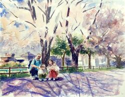 Rule 34 | 1girl, 2boys, blue sky, building, cherry blossoms, child, day, didi daisukedoi, fence, highres, multiple boys, original, painting (medium), parent and child, path, road, scenery, shadow, sky, sunlight, town, traditional media, tree, watercolor (medium), wooden fence
