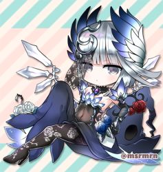 Rule 34 | 1girl, bad id, bad pixiv id, bare shoulders, black dress, black footwear, black gloves, black thighhighs, blue flower, blue rose, blue wings, blunt bangs, boots, chibi, closed mouth, commentary request, covered navel, diagonal stripes, dress, elbow gloves, feathered wings, floral print, flower, full body, gloves, grey eyes, grey wings, head wings, looking at viewer, lowres, mashiro miru, print thighhighs, puzzle &amp; dragons, red flower, red rose, reeche (p&amp;d), rose, rose print, silver hair, solo, strapless, strapless dress, striped, thigh boots, thighhighs, twitter username, white flower, white rose, wings