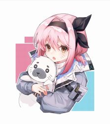 Rule 34 | 1girl, arknights, black hairband, brown eyes, commentary request, facial mark, grey jacket, hair between eyes, hairband, highres, holding, holding stuffed toy, jacket, looking at viewer, open mouth, pink hair, pudding (arknights), short hair, simple background, solo, stuffed animal, stuffed seal, stuffed toy, turtleneck, upper body, whisker markings, white background, yunweishukuang