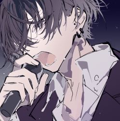 Rule 34 | 1boy, black background, black jacket, brown eyes, brown hair, collared shirt, earrings, from side, hair between eyes, highres, holding, holding microphone, jacket, jewelry, kagami hayato, male focus, microphone, mochizuki kei, music, nijisanji, open mouth, shirt, singing, sketch, solo, upper body, virtual youtuber