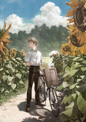 Rule 34 | 1boy, absurdres, bag, bicycle, black pants, blue sky, brown hair, collared shirt, day, field, flower, flower field, forest, full body, handkerchief, highres, holding, holding handkerchief, loafers, matsuura kento, nature, original, outdoors, pants, profile, scenery, school bag, shirt, shoes, short hair, sky, solo, sunflower, sunflower field, tree, white shirt