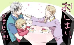 Rule 34 | 1boy, 2girls, aqua eyes, blush, brown hair, cake, elle mel marta, closed eyes, family, father and daughter, food, fruit, grey hair, hair ornament, heart, husband and wife, lal mel marta, long hair, ludger will kresnik, mother and daughter, multicolored hair, multiple girls, open mouth, pants, short hair, side ponytail, strawberry, tales of (series), tales of xillia, tales of xillia 2, vest