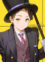Rule 34 | artist name, black hat, black jacket, brown eyes, brown hair, character name, closed mouth, collared shirt, commentary request, formal, fukube satoshi, gloves, hat, highres, holding, hyouka, jacket, long sleeves, looking at viewer, male focus, mery (yangmalgage), necktie, pink necktie, playing card theme, shirt, short hair, smile, solo, suit, top hat, upper body, very short hair, vest, white gloves, white shirt, yellow background