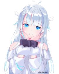 Rule 34 | absurdres, ahoge, amatsuka uto, bare shoulders, blue eyes, blue hair, blush, cuffs, dress, hair ornament, hairclip, highres, indie virtual youtuber, langspower, light blue hair, looking at viewer, off-shoulder dress, off shoulder, twitter username, virtual youtuber, watermark, white background, white dress