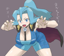 Rule 34 | 00s, 1990s (style), 1girl, blue eyes, blue hair, blush, breasts, cape, clair (pokemon), cleavage, creatures (company), fangs, female focus, game freak, gym leader, large breasts, leaning forward, long hair, matching hair/eyes, nakaba, nintendo, open mouth, pokemon, pokemon gsc, pokemon hgss, ponytail, retro artstyle, sharp nails, simple background, solo, text focus