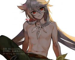 Rule 34 | 1boy, artist name, bishounen, crossed legs, genshin impact, green pants, grey hair, highres, long hair, looking at viewer, male focus, ojo aa, pants, razor (genshin impact), red eyes, scar, scar on face, signature, simple background, sitting, solo, toned, topless male, upper body, white background