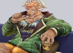 Rule 34 | 1boy, animal ears, bara, blue tank top, boxers, brown fur, bulge, chest hair, chinese zodiac, covered abs, cow ears, cow horns, cup, drinking glass, furry, furry male, green jacket, hood, hooded jacket, horns, jacket, large pectorals, long sideburns, looking at viewer, male focus, male underwear, mature male, minotaur, muscular, muscular male, open clothes, open jacket, orange hair, orange male underwear, original, pectorals, purple eyes, scrawl naguri, short hair, sideburns, sitting, smile, solo, tank top, underwear, unzipped, wine glass, year of the ox