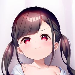 Rule 34 | 1girl, black hair, blush, breasts, closed mouth, collarbone, diagonal bangs, fang, fang out, highres, jacket, long hair, looking at viewer, meito (maze), off shoulder, open clothes, open jacket, original, red eyes, small breasts, smile, solo, v-shaped eyebrows