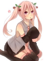 Rule 34 | 1girl, black footwear, black thighhighs, boots, cherry, collarbone, detached sleeves, food, fruit, hair ornament, hatsune miku, long hair, long sleeves, looking at viewer, mouth hold, necktie, oversized clothes, pink eyes, pink hair, sakura miku, shirt, simple background, sitting, skirt, solo, thighhighs, vocaloid, wariza, white background, wide sleeves, yamasuta, zettai ryouiki