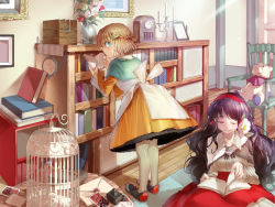 Rule 34 | 2girls, bad id, bad pixiv id, birdcage, black hair, blue eyes, book, brown hair, cage, chair, clock, closed eyes, dress, flower, girl m, grey legwear, hair flower, hair ornament, hairband, holding, holding book, hougu souji, letter, light rays, long hair, multiple girls, open book, original, pantyhose, picture frame, plant, portrait (object), potted plant, short hair, sitting, smile, stuffed animal, stuffed toy, sunbeam, sunlight, table, teddy bear