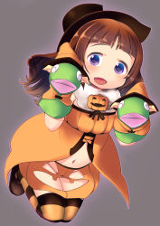 Rule 34 | 10s, 1girl, :d, blue eyes, brown hair, doublas m2, fang, gigokku, halloween, hand puppet, hat, highres, jack-o&#039;-lantern, long hair, navel, no panties, open mouth, puppet, robot girls z, smile, solo, striped clothes, striped thighhighs, thighhighs