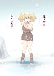 Rule 34 | 1girl, arm warmers, blonde hair, breasts, brown footwear, cleavage, cold, copyright request, dress, heart, highres, large breasts, pink hair, short dress, single strap, snow, snowing, solo, speech bubble, thighs, translation request, yuugatou (yuuzutu)