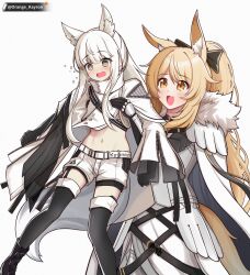 2girls :3 :d absurdres animal_ear_fluff animal_ears arknights black_footwear black_gloves black_thighhighs blemishine_(arknights) blonde_hair boots bright_pupils brown_eyes cape crop_top dress fur_trim gloves highres holding jacket long_hair midriff multiple_girls navel open_mouth orange_crayon! platinum_(arknights) shorts simple_background smile stomach thighhighs very_long_hair white_background white_cape white_dress white_hair white_jacket white_pupils white_shorts