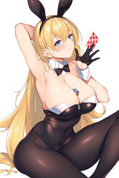 Rule 34 | 1girl, animal ears, arm behind head, arm up, armpits, azur lane, bare shoulders, between breasts, black bow, black bowtie, black gloves, black leotard, blonde hair, blue eyes, blush, bow, bowtie, breasts, brown pantyhose, card, cleavage, commentary request, commission, covered navel, detached collar, eyelashes, fake animal ears, fine fabric emphasis, gloves, hair between eyes, half gloves, hand up, highleg, highleg leotard, highres, holding, holding card, large breasts, leotard, long hair, looking at viewer, north carolina (azur lane), pantyhose, parted lips, playboy bunny, poker chip, rabbit ears, raiou, sidelocks, simple background, sitting, skeb commission, solo, strapless, strapless leotard, very long hair, white background, wrist cuffs
