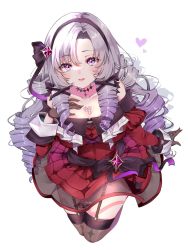 Rule 34 | 1girl, blush, brown gloves, brown thighhighs, chest tattoo, claw ring, dress, drill hair, from above, garter straps, gloves, gradient hair, grey hair, hair ribbon, hairband, hand on own chest, heart, highres, hyakumantenbara salome, hyakumantenbara salome (1st costume), long hair, long sleeves, looking at viewer, multicolored hair, nijisanji, parted lips, purple eyes, purple hair, purple hairband, purple ribbon, red dress, ribbon, simple background, smile, solo, tattoo, thighhighs, very long hair, virtual youtuber, white background, yuanagae
