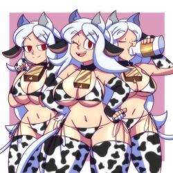 Rule 34 | 3girls, absurdres, animal ears, animal print, bikini, bottle, breasts, breasts squeezed together, cerberus (helltaker), closed eyes, cow ears, cow print, cow tail, cowbell, cowboy shot, demon girl, demon horns, dog ears, dog girl, drinking, drinking milk, elbow gloves, eyelashes, female focus, fingerless gloves, gloves, half-closed eyes, hand on own hip, helltaker, highres, holding, holding bottle, horns, large breasts, long hair, looking at viewer, lueduar, milk, milk bottle, multiple girls, navel, one eye closed, open mouth, pink background, red eyes, ringed eyes, shiny skin, side-tie bikini bottom, slit pupils, smile, standing, swimsuit, tail, thick thighs, thighs, w arms, white hair, wide hips, wink