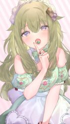 Rule 34 | 1girl, apron, bare shoulders, blush, bow, bowtie, candy, checkerboard cookie, cherry, cookie, cookie hair ornament, detached sleeves, dress, food, food-themed hair ornament, fruit, green bow, green bowtie, green dress, green hair, hair ornament, heart, highres, jewelry, kusanagi nene, looking at viewer, open mouth, project sekai, purple eyes, ring, shiguri, solo, white apron