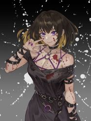 Rule 34 | 1girl, absurdres, arm belt, bare shoulders, belt, black background, black belt, black choker, black dress, black hair, blonde hair, blood, blood on clothes, blood on face, bra strap, breasts, choker, cleavage, dress, gradient background, grey background, hand up, highres, kirr rr, large breasts, looking at viewer, multicolored hair, nail polish, o-ring, off-shoulder dress, off shoulder, original, purple eyes, purple nails, short hair, short sleeves, smile, solo, streaked hair, upper body, w
