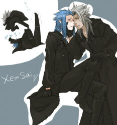 Rule 34 | 2boys, arms up, black coat, black coat (kingdom hearts), black footwear, black gloves, black pants, blue hair, boots, character name, chibi, chibi inset, clenched hand, coat, commentary request, cross scar, dark skin, forehead-to-forehead, full-length zipper, gloves, grey background, grey hair, hair slicked back, half-closed eyes, hand on another&#039;s face, hand on another&#039;s knee, heads together, heart, hood, hood down, imminent kiss, invisible chair, jumping, kicking, kingdom hearts, kingdom hearts ii, knee boots, knee up, leaning forward, leg up, lying, male focus, minatoya mozuku, multiple boys, noses touching, on back, outline, pants, parted lips, pointy ears, pouncing, saix, scar, sidelocks, simple background, sitting, spiked hair, standing, white outline, xemnas, yaoi, yellow eyes, zipper