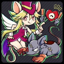 Rule 34 | 1girl, 2boys, animal ears, blush stickers, breasts, gloves, green hair, hat, heart (mad rat dead), highres, leotard, mad rat, mad rat dead, mouse (animal), mouse ears, mouse girl, mouse tail, multiple boys, nippon ichi, rat god, red eyes, stitches, tail, top hat, wings, wrist cuffs