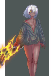 Rule 34 | 1girl, absurdres, breasts, closed mouth, commentary request, dark-skinned female, dark skin, ebonyxh, elden ring, eyes visible through hair, flaming weapon, freckles, grey background, hair over one eye, highres, holding, holding weapon, orange eyes, original, ringed eyes, scar, scar on neck, short hair, simple background, small breasts, solaria (ebonyxh), solo, standing, tarnished (elden ring), weapon, white background, white hair, yellow eyes