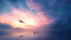 Rule 34 | chair, cloud, cloudy sky, computer, desk, drawing tablet, highres, laptop, no humans, original, reflection, ripples, scenery, sky, star (sky), stylus, water, zeniyan