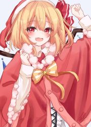 Rule 34 | 1girl, :d, blonde hair, bow, bowtie, christmas, commentary, crystal, english commentary, flandre scarlet, grey background, hat, highres, korira, long sleeves, looking at viewer, open mouth, red eyes, red hat, red ribbon, ribbon, santa costume, santa hat, short hair, simple background, smile, solo, striped bow, striped bowtie, striped clothes, touhou, upper body, wings