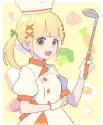 Rule 34 | 1girl, :d, blunt bangs, border, bread, breasts, broccoli, buttons, carrot, chef, chef hat, double-breasted, dress, egg (food), enkyo yuuichirou, fish, food, fried egg, garlic, gloves, hair ornament, hand up, hat, highres, holding, holding ladle, ladle, looking at viewer, medium hair, mushroom, open mouth, original, puffy short sleeves, puffy sleeves, short sleeves, small breasts, smile, solo, standing, twintails, white border, white dress, white gloves, x hair ornament, yellow eyes
