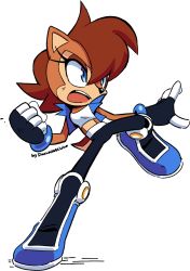 Rule 34 | 1girl, alternate costume, animal ears, artist name, black pants, blue eyes, blue jacket, boots, brown hair, crop top, drawloverlala, full body, gloves, highres, jacket, midriff, open mouth, pants, redesign, sally acorn, short hair, solo, sonic (series), sonic the hedgehog (archie comics), tail, teeth, white background