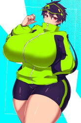 Rule 34 | 1girl, black shorts, breasts, chestnut mouth, cowboy shot, creatures (company), curvy, ear piercing, game freak, green jacket, hair between eyes, hand in pocket, hat, highres, holding, holding poke ball, huge breasts, jacket, long sleeves, looking at viewer, nintendo, original, piercing, poke ball, pokemon, puffy sleeves, purple hair, red eyes, shiny skin, short hair, short shorts, shorts, skindentation, solo, taut jacket, thick thighs, thighs, turtleneck, turtleneck jacket, wide hips, yasume (cheap melon soda), zipper, zipper pull tab