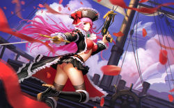 Rule 34 | 10s, 1girl, aircraft, airship, bow, bow (weapon), breasts, bustier, captain liliana, crossbow, finger on trigger, frills, gun, hat, high heels, huge breasts, jolly roger, liang xing, long hair, looking at viewer, miniskirt, pink eyes, pink hair, pirate, pirate hat, pleated skirt, queen&#039;s blade, queen&#039;s blade rebellion, ribbon, ship, skirt, solo, underwear, very long hair, watercraft, weapon