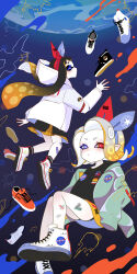 Rule 34 | 2girls, 515m, black hair, blue eyes, commentary request, converse, earth (planet), freckles, gradient hair, green jacket, hairband, heterochromia, highres, inkling, inkling girl, inkling player character, jacket, miniskirt, multicolored hair, multiple girls, nasa logo, nintendo, octoling, octoling girl, octoling player character, orange hair, planet, red eyes, red nails, shoes, skirt, sleeves past fingers, sleeves past wrists, sneakers, splatoon (series), white jacket