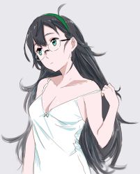 Rule 34 | 10s, 1girl, bad id, bad pixiv id, black hair, blue eyes, camisole, chemise, glasses, grey background, hairband, kantai collection, long hair, off shoulder, ojipon, ooyodo (kancolle), solo