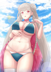 Rule 34 | 1girl, ahoge, alternate costume, archstreal, azur lane, bare shoulders, bikini, blue bikini, blue sky, blush, braid, braided bun, breasts, choker, cleavage, cloud, collarbone, cowboy shot, day, double bun, earrings, eyelashes, feather boa, foreshortening, formidable (azur lane), formidable (the lady of the beach) (azur lane), from below, gluteal fold, hair bun, hand up, highres, jewelry, large breasts, legs together, lens flare, long hair, looking at viewer, multi-strapped bikini bottom, multi-strapped bikini top, nail polish, navel, open mouth, outdoors, pink choker, pink nails, pulled by self, red eyes, silver hair, single thighhigh, skindentation, sky, solo, standing, string pull, swimsuit, thigh gap, thighhighs, thighs, twin braids, twintails, underboob, very long hair, white thighhighs