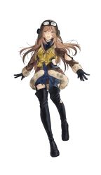 Rule 34 | 1girl, :o, black footwear, black gloves, blue eyes, blush, boots, brown jacket, formation girls, full body, gloves, highres, jacket, josefina frantisek, kurodeko, light brown hair, long hair, official art, open mouth, smile, solo, thigh boots, thighhighs, torn clothes, transparent background, very long hair, vest, yellow vest