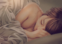 Rule 34 | 1girl, aftersex, bed, bed sheet, blurry, blurry foreground, brown hair, closed eyes, completely nude, depth of field, eyelashes, face, kinoebi, long hair, lying, naked sheet, nude, on side, original, realistic, sleeping, solo, under covers