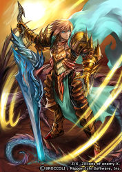 Rule 34 | 1boy, armor, armored boots, blonde hair, blue eyes, boots, cape, company name, copyright name, dragon, full body, gloves, huge weapon, male focus, moreshan, official art, solo, sword, weapon, z/x