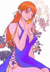 Rule 34 | 1girl, artist name, bare shoulders, commentary, dress, earrings, food, fruit, highres, holding, holding food, holding fruit, jewelry, long hair, looking at viewer, mandarin orange, mygiorni, nami (one piece), nami (one piece) (zou), one piece, orange eyes, orange hair, purple dress, smile, solo