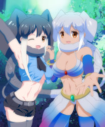 Rule 34 | 10s, 2girls, :d, ;d, african elephant (kemono friends), animal ears, arm up, armpits, bare shoulders, belt, bikini, black gloves, black hair, black legwear, black neckwear, black shorts, blue legwear, blue shirt, breasts, brown eyes, cleavage, cowboy shot, crop top, cropped shirt, cutoffs, dark-skinned female, dark skin, day, denim, denim shorts, elbow gloves, elephant ears, elephant tail, extra ears, glives, gloves, hand up, hands op, holding hands, indian elephant (kemono friends), interlocked fingers, kemono friends, large breasts, long hair, looking at viewer, mamiyama, medium breasts, midriff, multicolored hair, multiple girls, navel, necktie, no bra, one eye closed, open mouth, outdoors, outstretched arm, reaching, reaching towards viewer, scarf, shirt, short hair, short shorts, shorts, skindentation, sleeveless, sleeveless shirt, smile, standing, stomach, swimsuit, tail, thighhighs, toned, two-tone hair, white hair