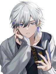 Rule 34 | 1boy, absurdres, black shirt, blue eyes, book, cardigan, cardigan partially removed, earrings, gradient hair, grey cardigan, grey eyes, grey hair, head rest, heterochromia, highres, holding, holding book, iyo (iyoo), jewelry, male focus, mole, mole under eye, multicolored hair, open cardigan, open clothes, original, parted lips, shirt, teeth, white background, white hair