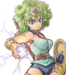 Rule 34 | 1girl, amania orz, belt, blue eyes, breasts, circlet, closed mouth, curly hair, dragon quest, dragon quest iv, earrings, gloves, green hair, heroine (dq4), jewelry, leotard, looking at viewer, magic, shield, short hair, simple background, single glove, solo, sword, weapon, white background