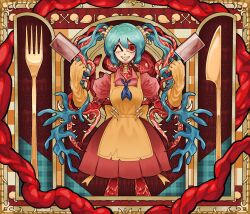 Rule 34 | 1girl, apron, black neckerchief, bone, borrowed design, cable hair, cadasano, draw this in your style challenge, dress, feet out of frame, food, fork, gloves, hatsune miku, highres, holding cleaver, knife, long hair, meat, neckerchief, one eye closed, puffy short sleeves, puffy sleeves, red dress, red eyes, short sleeves, skull, solo, twintails, very long hair, vocaloid, yellow apron, yellow gloves