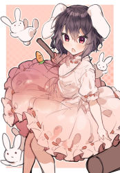 Rule 34 | 1girl, animal, animal ears, black hair, blush, carrot necklace, chestnut mouth, dress, ears down, full body, hair between eyes, holding, holding mallet, ikeuchi tanuma, inaba tewi, jewelry, looking at viewer, mallet, medium hair, necklace, open mouth, pink background, pink dress, puffy short sleeves, puffy sleeves, rabbit, rabbit ears, rabbit girl, red eyes, ribbon-trimmed skirt, ribbon trim, short sleeves, sketch, solo focus, touhou