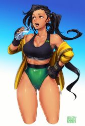Rule 34 | 1girl, alternate costume, alternate hairstyle, asymmetrical hair, black hair, bottle, brazilian flag, breasts, brown eyes, cleavage, commentary, cornrows, cropped legs, curvy, dark-skinned female, dark skin, female focus, fingerless gloves, gloves, gluteal fold, hand on own hip, highres, jacket, kanta-kun, large breasts, laura matsuda, lips, long hair, looking to the side, midriff, nike (company), nose, official art, open clothes, open jacket, open mouth, ponytail, short shorts, shorts, solo, sports bra, standing, street fighter, street fighter v, sweat, thighs, water bottle