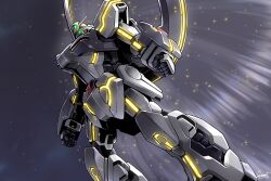 Rule 34 | absurdres, arms at sides, artist name, clenched hands, cosmo-5, dutch angle, feet out of frame, flying, from below, glowing, glowing eye, green eyes, gundam, gundam seed, gundam seed c.e. 73: stargazer, gundam stargazer, highres, light particles, mecha, mecha focus, mobile suit, no humans, robot, science fiction, signature, solo, v-fin