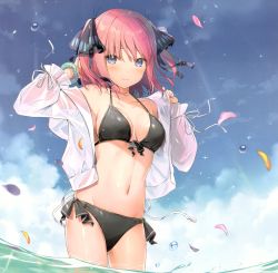 Rule 34 | 1girl, 6u (eternal land), absurdres, armpit peek, bare shoulders, bikini, bikini under clothes, black bikini, blue eyes, blue sky, blush, bracelet, breasts, cleavage, cloud, cloudy sky, collarbone, cowboy shot, day, front-tie bikini top, front-tie top, go-toubun no hanayome, hair ornament, halterneck, halterneck, hands up, highres, jacket, jewelry, leaf, falling leaves, long sleeves, looking at viewer, medium breasts, nail polish, nakano nino, navel, off shoulder, open clothes, open jacket, outdoors, petals, petals on liquid, scan, see-through, short hair, side-tie bikini bottom, sky, smile, solo, standing, stomach, swimsuit, thighs, two side up, wading, water, white jacket, wind