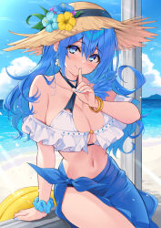 1girl beach bikini blue_hair blue_scrunchie blue_sky bracelet breasts brown_hat cleavage closed_mouth cloud collarbone cu-no day finger_to_mouth hat highres hisen_kaede index_finger_raised jewelry kohitsuji_ai large_breasts long_hair looking_at_viewer navel ocean outdoors scrunchie sitting sky smile solo straw_hat swimsuit thighs wrist_scrunchie yellow_bracelet