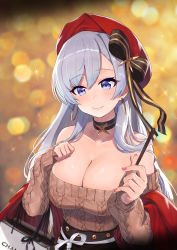 Rule 34 | 1girl, absurdres, aran sweater, ayul (ayulneri 92), azur lane, bag, bare shoulders, belfast (azur lane), belfast (shopping with the head maid) (azur lane), beret, black skirt, blurry, bokeh, bow, breasts, brown sweater, cable knit, choker, cleavage, collarbone, depth of field, earrings, food, hair bow, hands up, hat, high-waist skirt, highres, holding, holding food, hoop earrings, jewelry, large breasts, long hair, long sleeves, looking at viewer, nail polish, off-shoulder sweater, off shoulder, pink nails, pocky, purple eyes, red hat, shawl, shopping bag, skirt, smile, solo, sweater, upper body, white hair