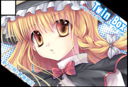 Rule 34 | 1girl, bad id, bad pixiv id, blonde hair, braid, circle cut, female focus, halftone, halftone background, hat, kirisame marisa, long hair, solo, sousouman, touhou, upper body, white background, witch, witch hat, yellow eyes